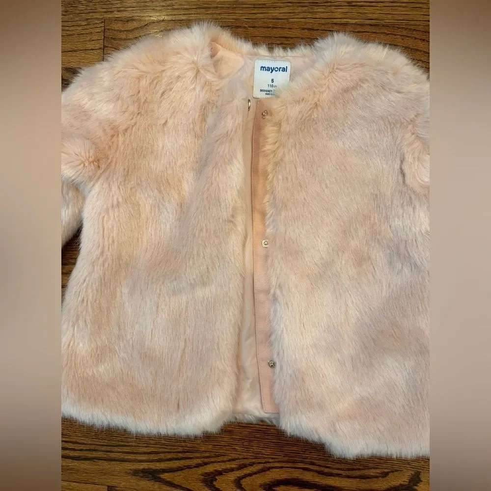 MAYORAL SAKS Girls Faux Fur Pink Fluffy Fancy Dress Coat Jacket Girls 5 110